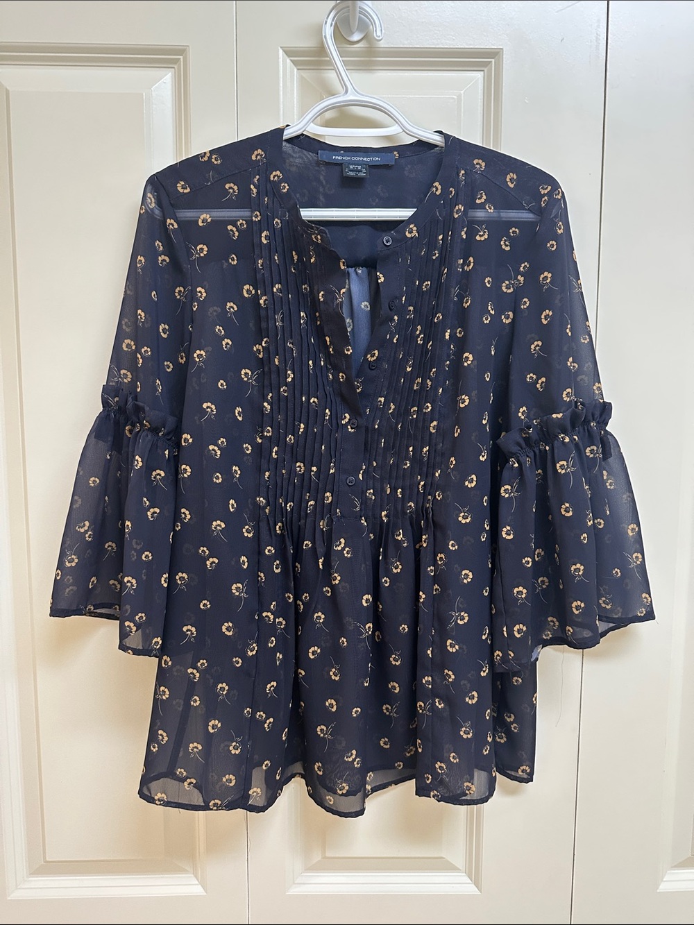 French Connection Navy Floral Pintuck Peasant Blouse
